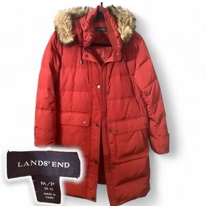 Lands' End size 10/12 Petite Cherry Red Parka with Faux Fur Trim